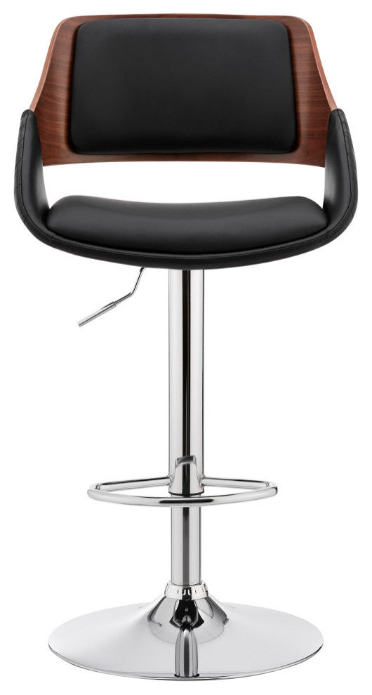 Colby Adjustable Faux Leather and Metal Bar Stool, Black and Chrome
