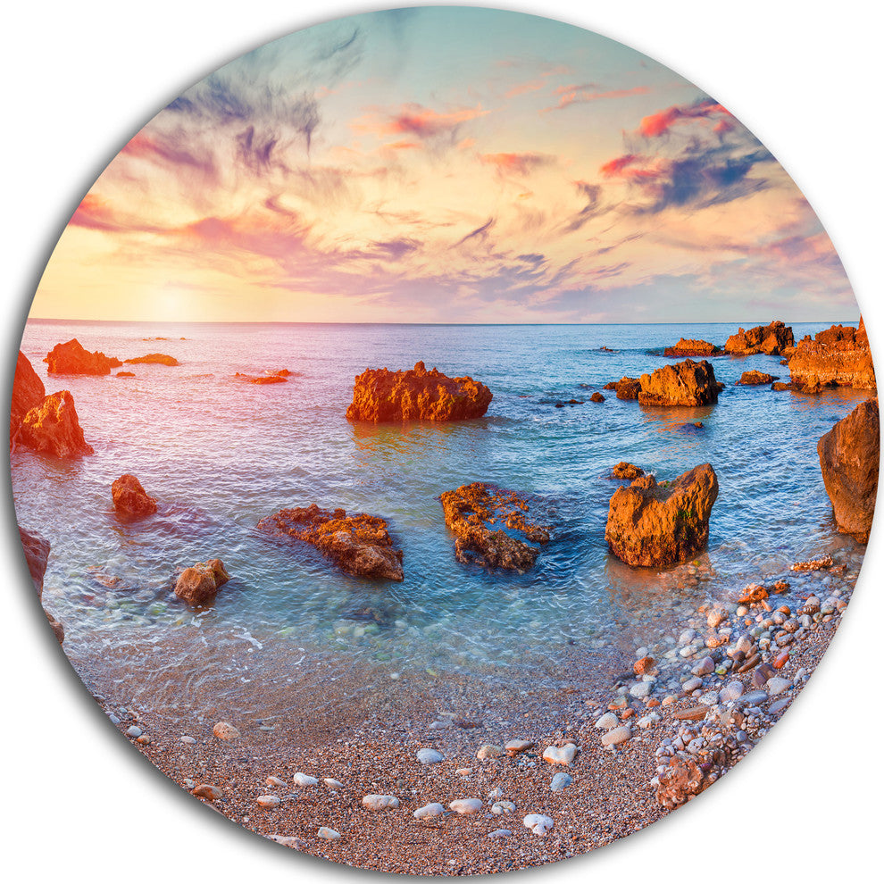 Mediterranean Sea Sunrise, Seashore Photo Round Metal Wall Art, 23"