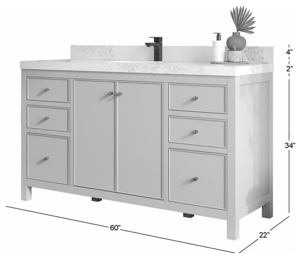 Chicago 60" Single Sink Bathroom Vanity, Fine Grain 2" White Quartz
