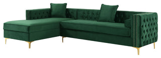 Jeannie Velvet Tufted With Nailhead Trim Sectional, Hunter Green, Left Facing