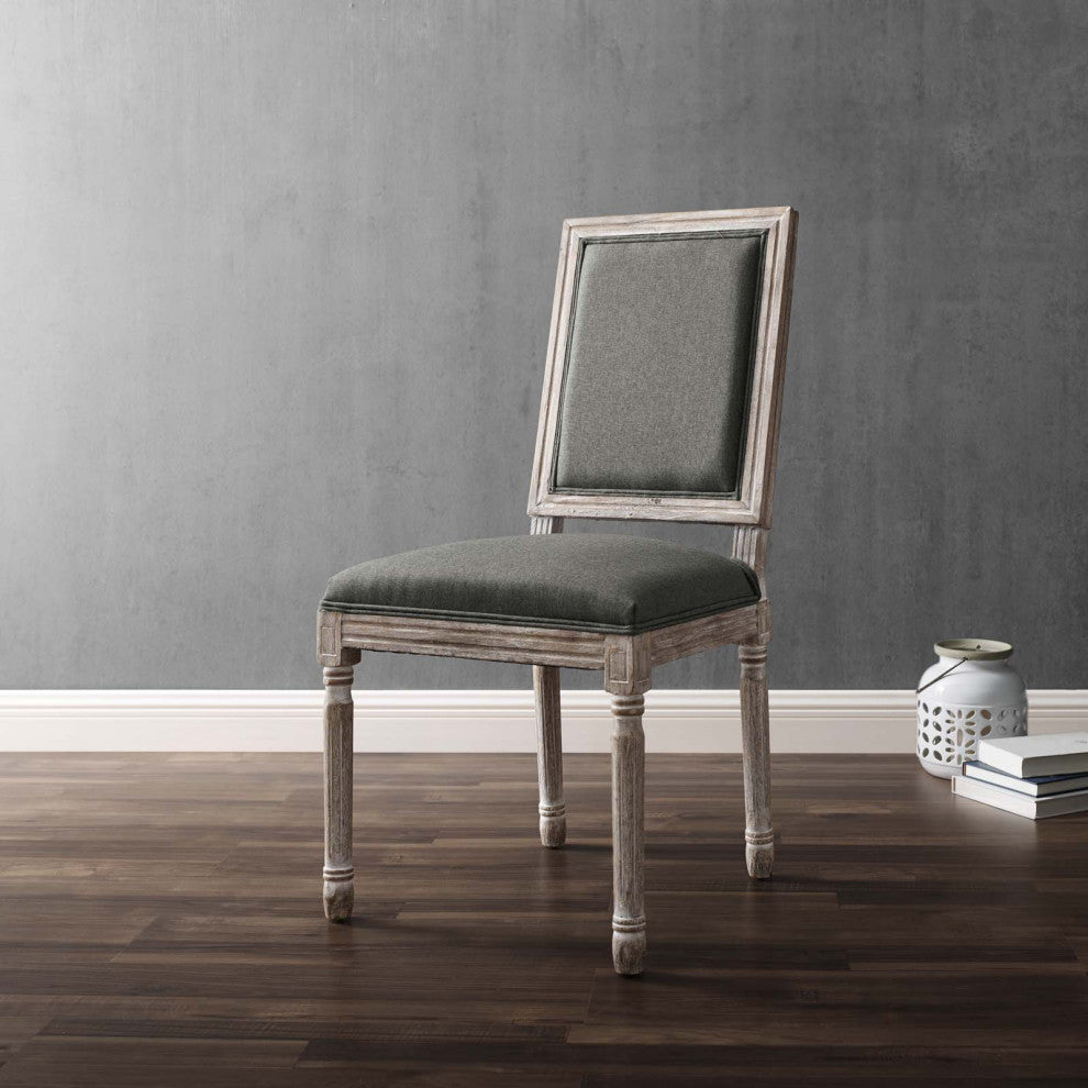 French Vintage Side Dining Chair, Fabric, Wood, Brown Natural Gray, Modern