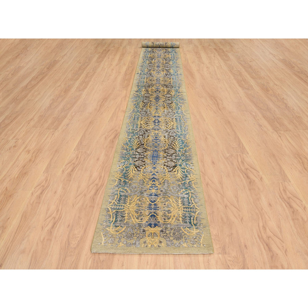 Tan Hand Knotted Transitional Sarouk Silk With Wool XL Runner Rug, 2'6"x18'0"