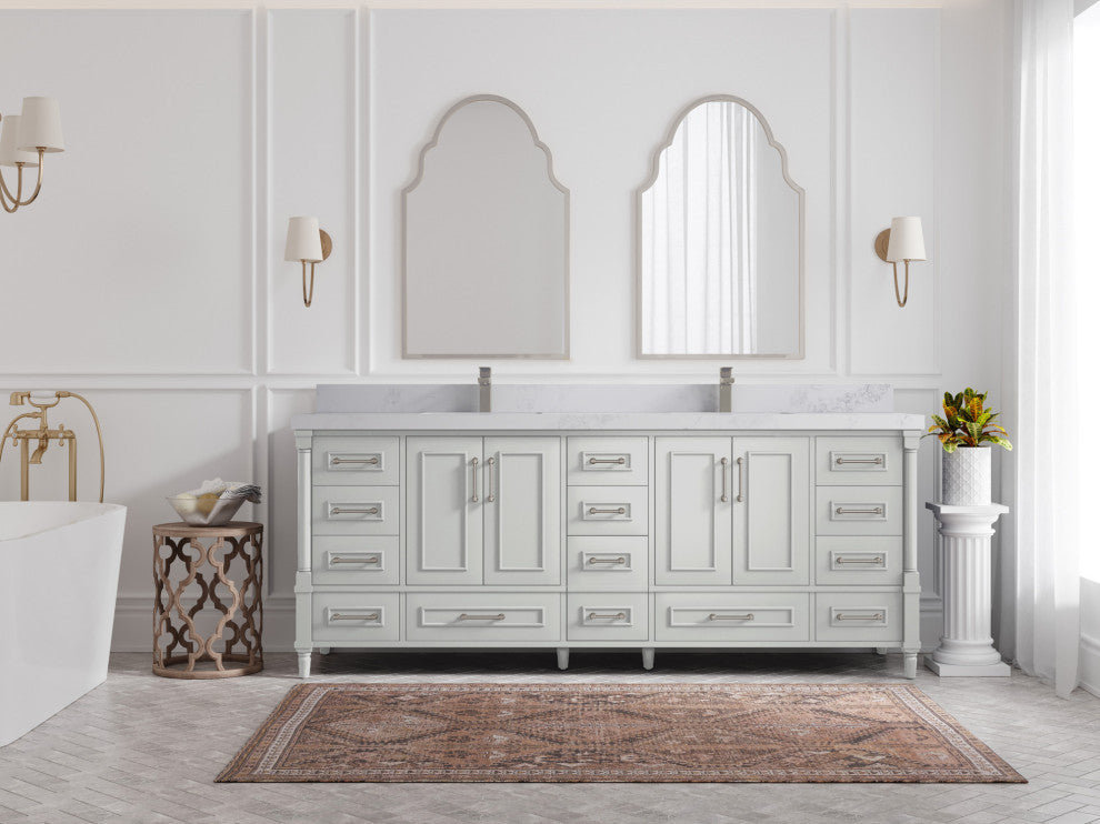 Aberdeen 84 Double Sink Bath Vanity in Coventry Gray 2" Calacatta Nuvo