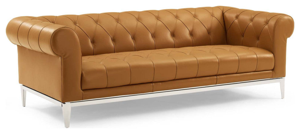 Idyll Tufted Button Upholstered Leather Chesterfield Sofa-Tan