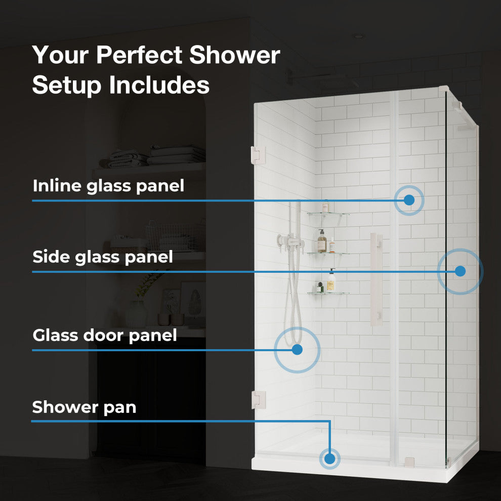 Panama Alcove Frameless Pivot Hinge Shower Door Kit With Base Pan, 2025, Black, 36x36"
