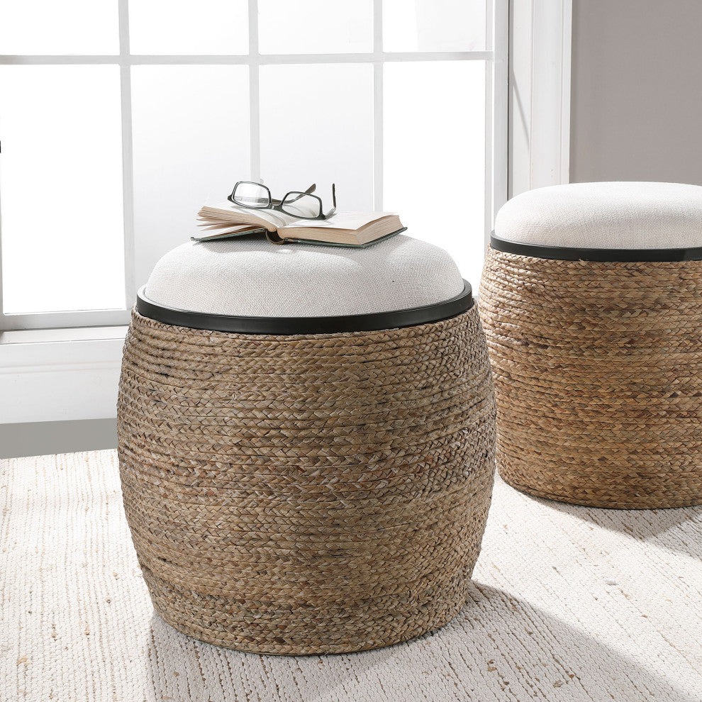 Coastal Round Drum Rope Stool Round Beige Braided Straw Ottoman Island Casual