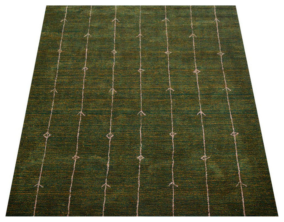 HAND KNOTTED LOOM SILK AREA RUGS-8'x10',Rectangle,Green Gold,Contemporary