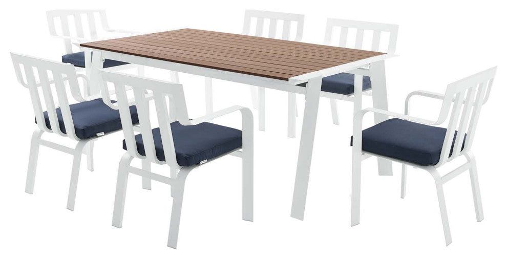 Side Dining Chair and Table Set, Aluminum, Metal, White Blue Navy, Outdoor