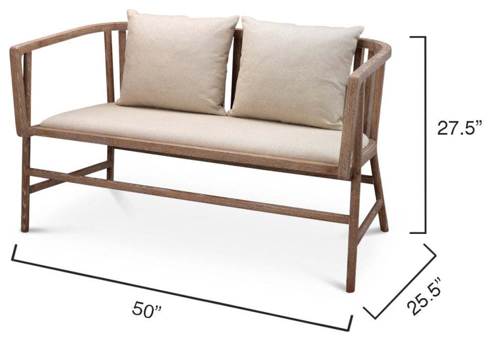 Grayson Settee, Off White Linen and Gray Washed Wood