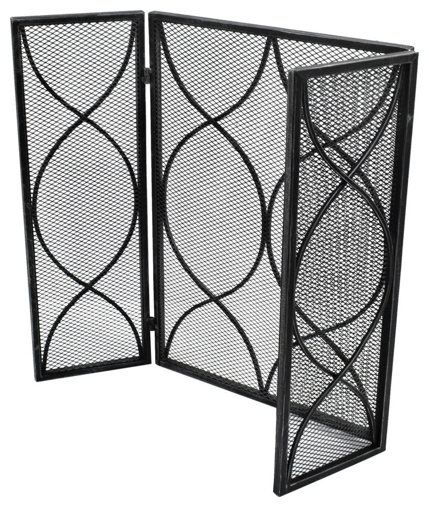 Laylah Modern Three Panel Iron Firescreen, Black Silver Finish