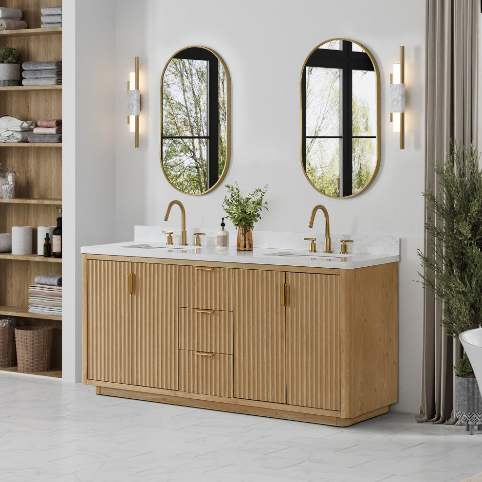 Vinnova Cadiz Bath Vanity, Composite Stone Top, Washed Ash Grey, 72", With Mirror