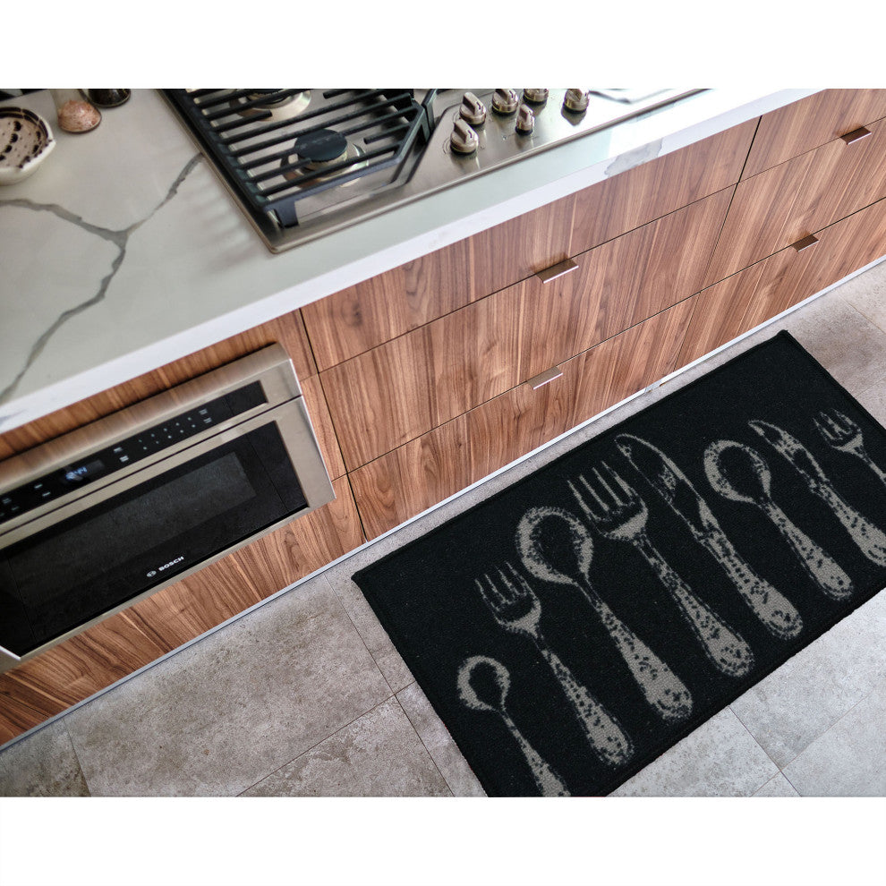 Black Wool-Effect Kitchen Mat With Chic Cutlery Print 32" x 20"