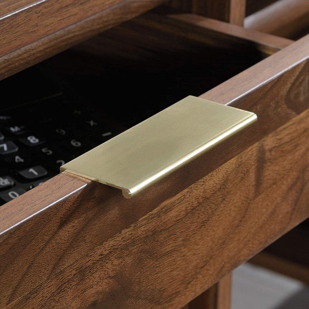 Unique L-Shaped Desk, Open Shelves and Multiple Storage Drawers, Grand Walnut