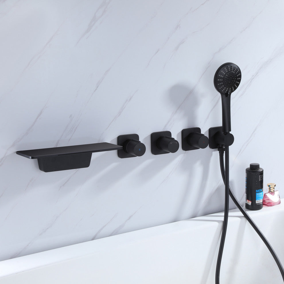 Triple Handles Wall Mounted Tub Faucet with Multi Function Hand Shower