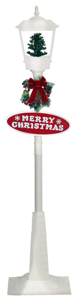 71" Musical Snowy Street Lamp WithChristmas Tree Scene, 2 Signs, White