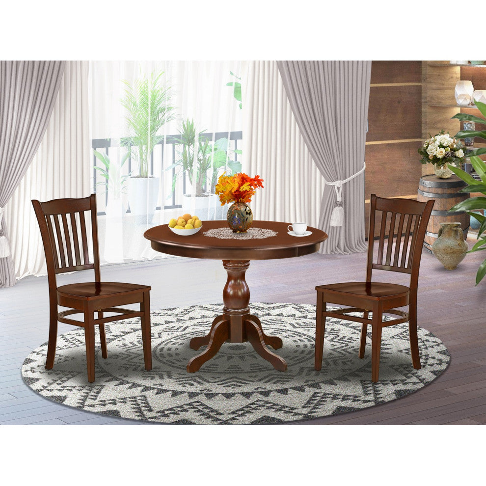 3 Pc Dining Set, Mahogany Wood Table, 2 Mahogany and Chairs, Slatted Back