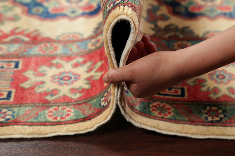 Hand Made Kazak Oriental Traditional Pakistani Area Rug, Beige, 7'5"x5'0