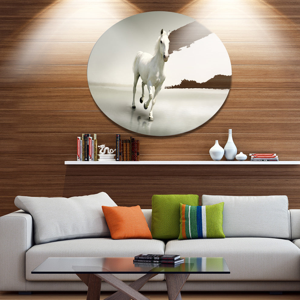 Beautiful White Horse Running, Animal Round Metal Wall Art, 36"