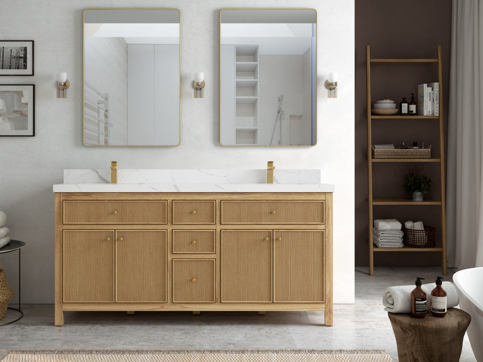 Sonoma 72 Double Sink Bath Vanity in Light Natural Teak with 2" Calacatta Laza