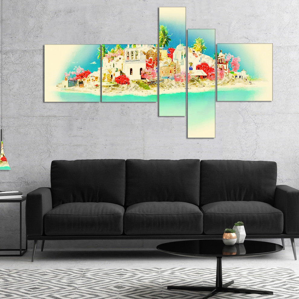 Santorini Panoramic View, Cityscape Watercolor Canvas Print, 60"x32", 5 panels