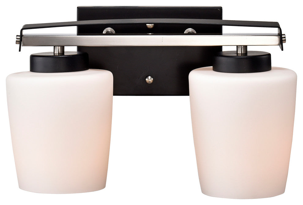 2-Light Black and Brushed Nickel Finish Vanity Light Etched White Glass Shade