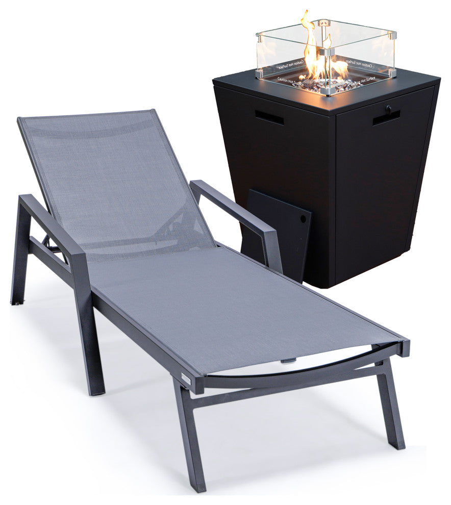 LeisureMod Marlin Chaise Lounge Chair With Arms and Fire Pit Table, Dark Gray