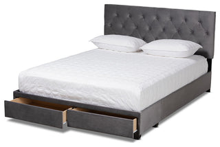 Caronia Modern Gray Velvet Fabric 2-Drawer King Size Platform Storage Bed