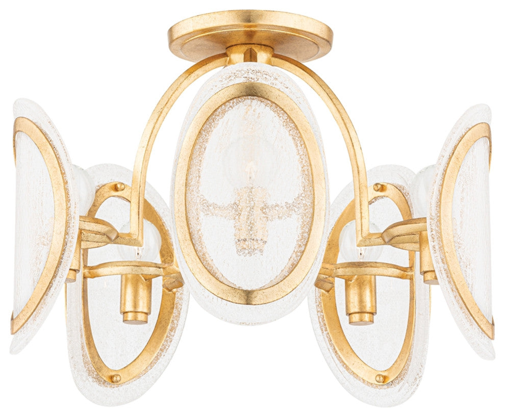 Danes 5-Light Semi Flush, Vintage Gold Leaf Frame, Glass Shade