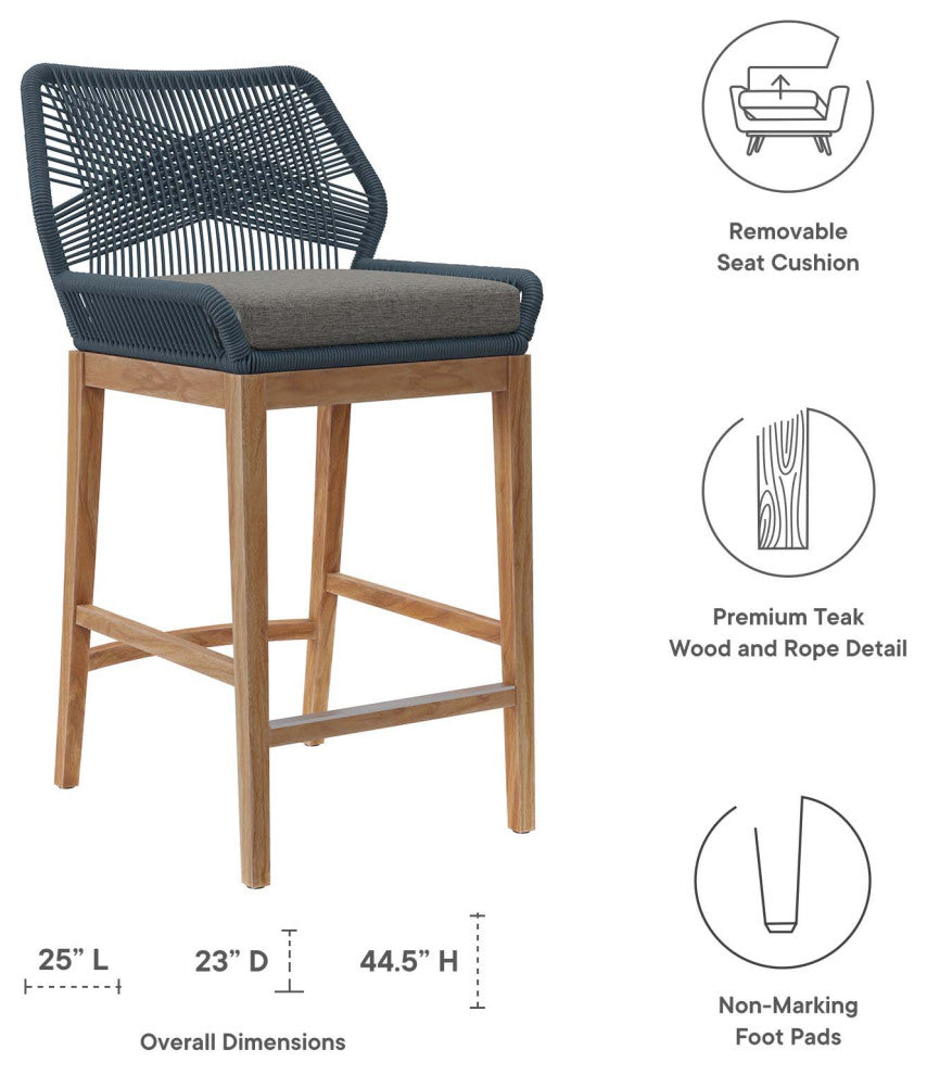 Wellspring Outdoor Patio Teak Wood Bar Stool, Blue Graphite