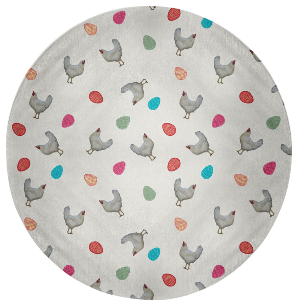 Chickens and Eggs Easter Chenille Rug, Whisper White, 5' Round