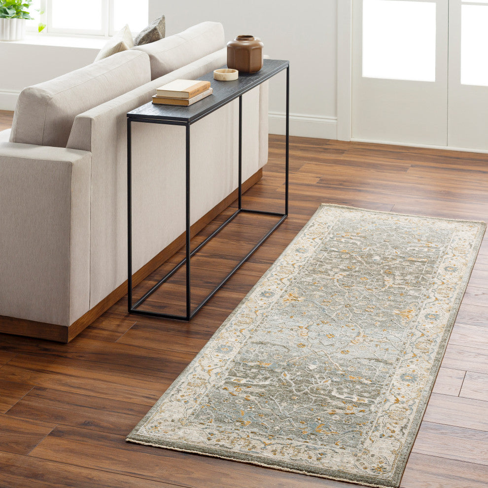 Surya Dresden DRE-2309 Machine Woven Area Rug, Dusty Sage, Taupe, Off-White, Light Gray, Deep Teal, 2'7" X 10'