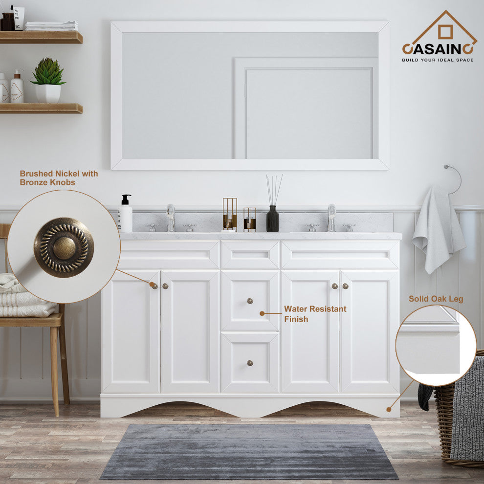 CASAINC 60" Marble Top Double Sink Bathroom Vanity with Mirror, White