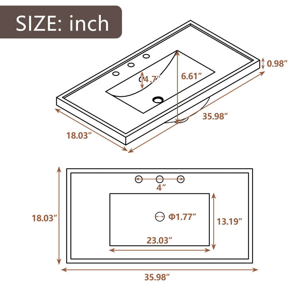 36" Freestanding Bath Vanity Set, Integrated Ceramic Sink, White