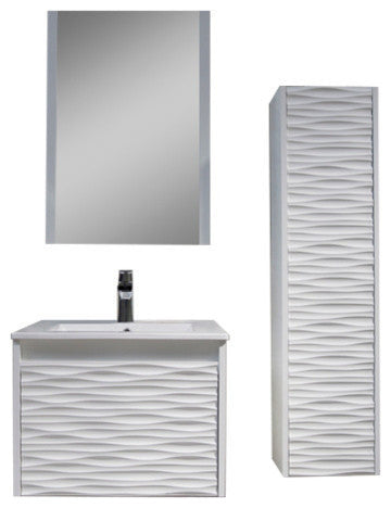 Floating Bathroom Vanity Set, Glossy White, 24" With Sink, Mirror & Side Cabinet