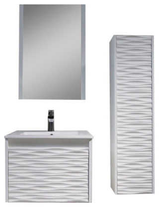 Floating Bathroom Vanity Set, Glossy White, 24" With Sink, Mirror & Side Cabinet
