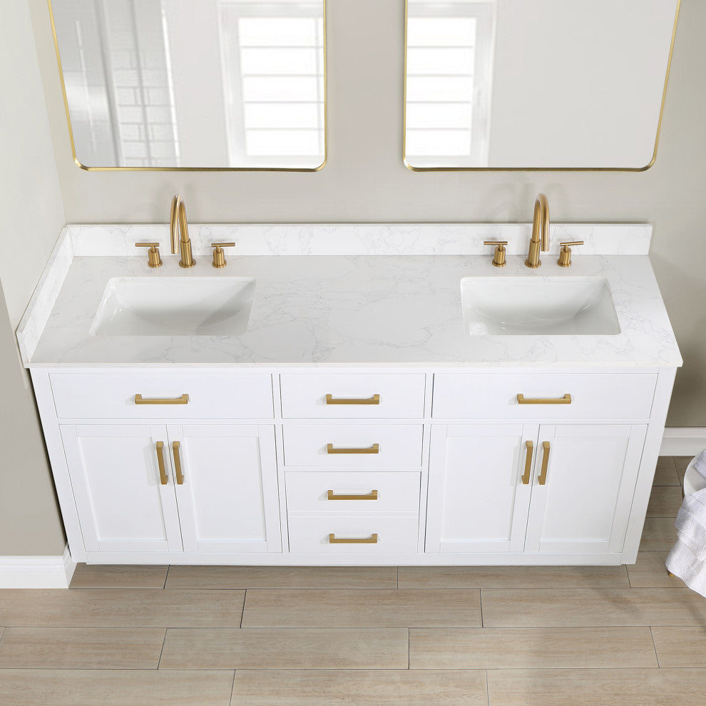 Gavino Vanity With Grain White Composite Stone Top, White/Brushed Gold, 72", No Mirror