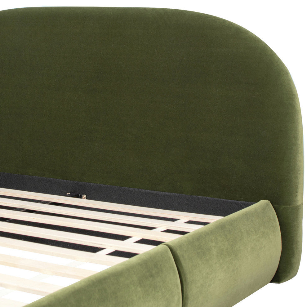 Archie Mid-Century Modern Arched Headboard Platform Bed, Olive Green Performance Velvet, Queen
