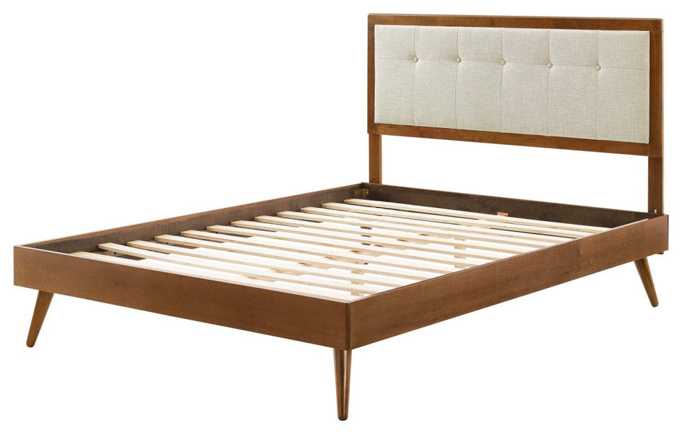Platform Bed Frame, Full Size, Wood, Brown Walnut Beige, Modern Mid-Century