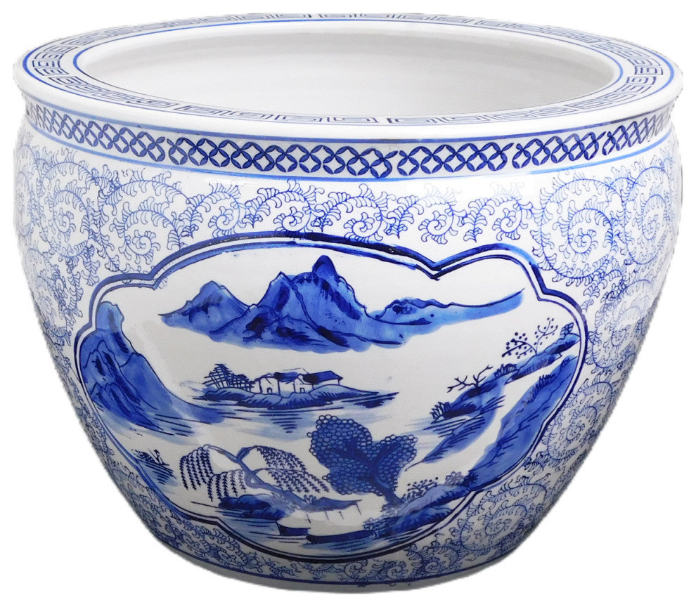 Blue and White Asian Porcelain Garden Pot Painted Landscape, 10