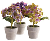 Set 12 Mini Hydrangea Faux Floral Plants in Pots Rustic Gift Purple Flowers