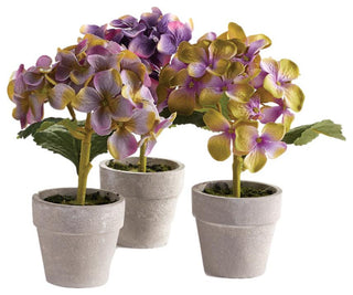 Set 12 Mini Hydrangea Faux Floral Plants in Pots Rustic Gift Purple Flowers