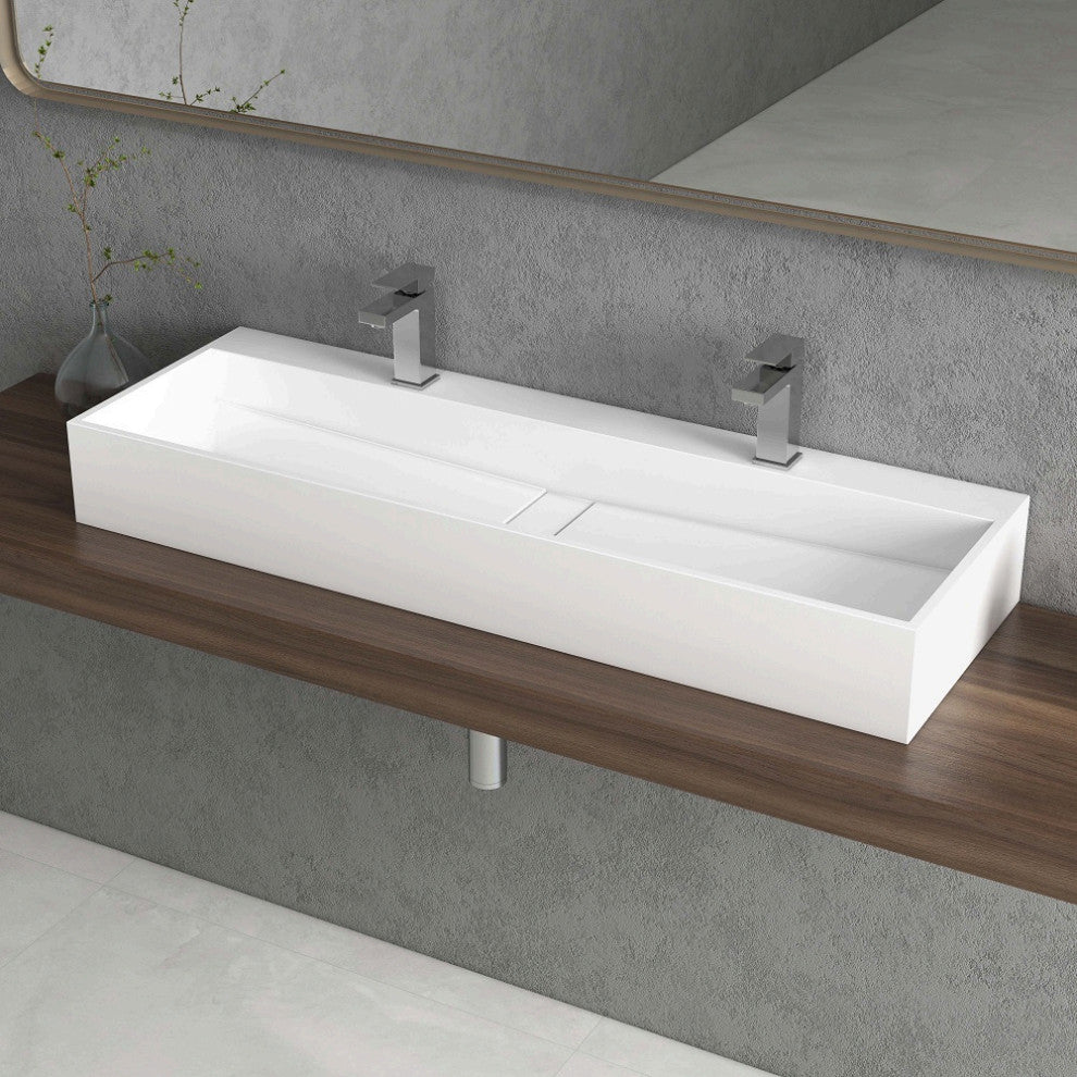47 Inch Wall-Mount Double Sink Stone Resin Floating Trough Bathroom Sink, Glossy White