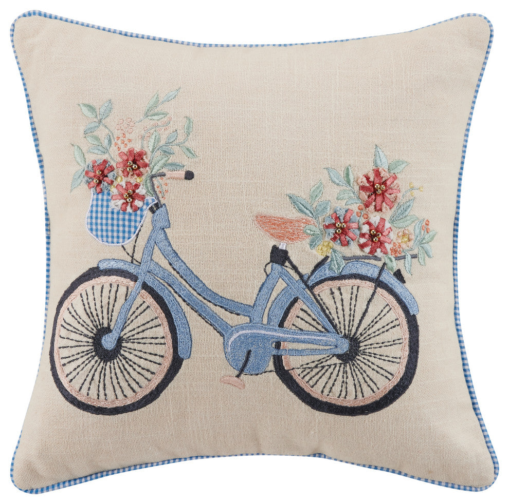 Gingham Bike Embroidered Pillow