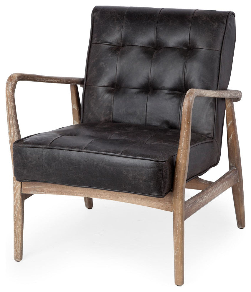 HomeRoots Black Leather Accent Chair With Wrapped Ash Wood Frame