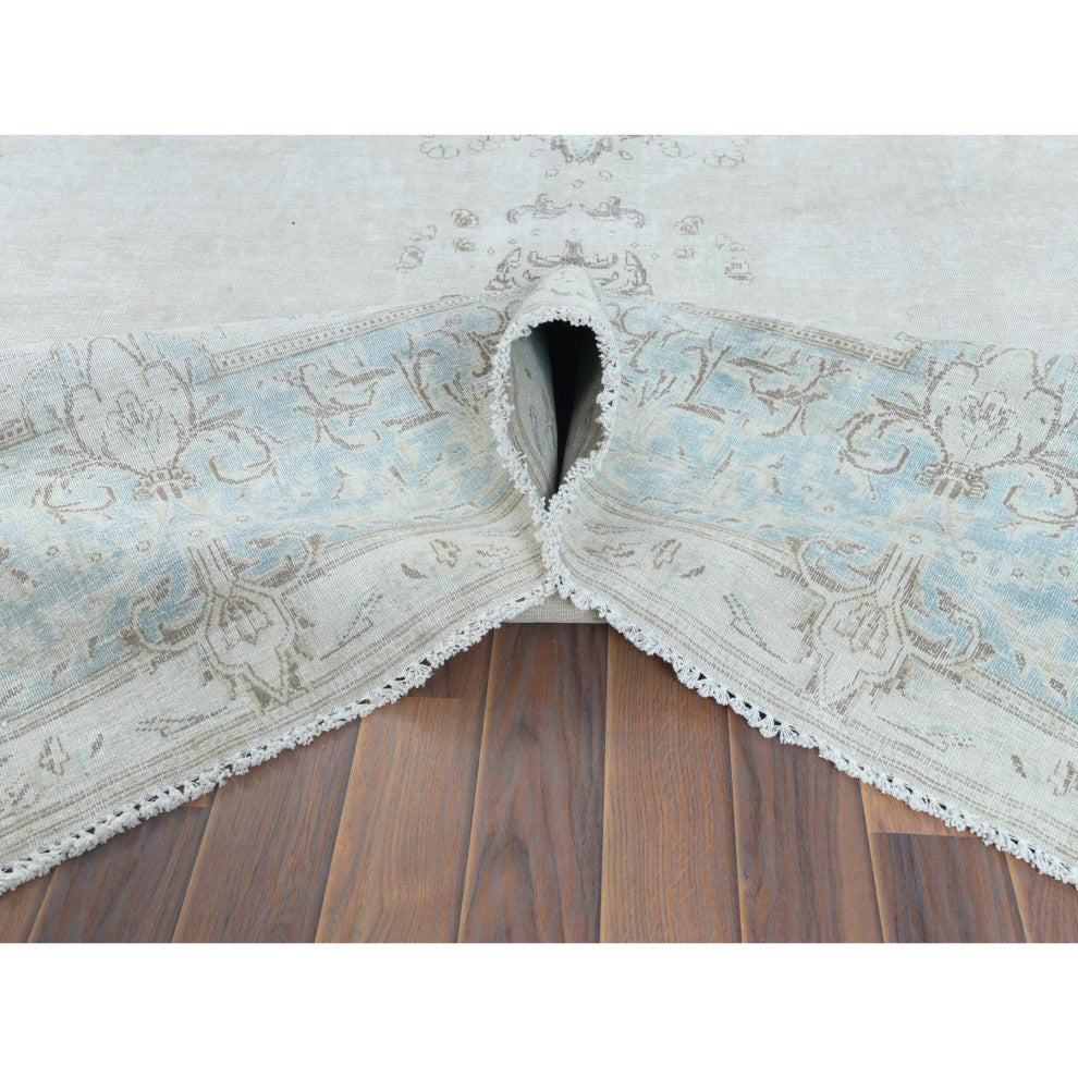 Vintage Persian Kerman Worn Wool Hand Knotted Ivory Oriental Rug  9'1" x 13'4"