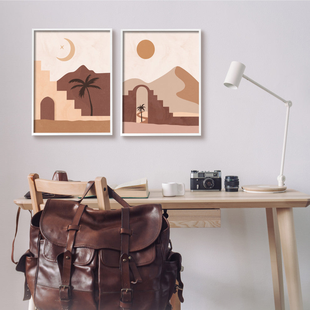 Desert Oasis Retreat Day Night Palm Dune Landscape, 2pc, each 16 x 20