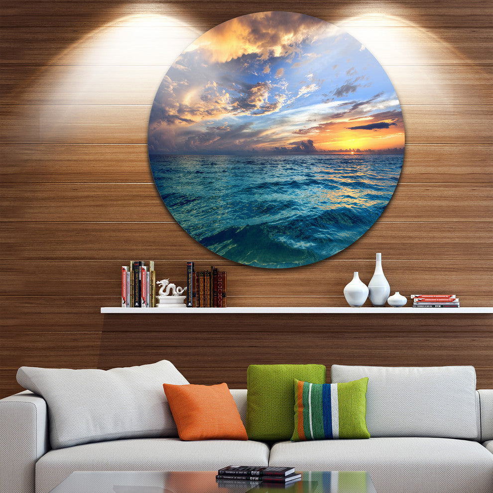 Exotic Tropical Beach At Sunset, Seashore Disc Metal Artwork, 23"