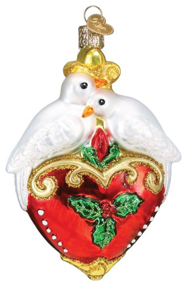 Two Turtle Doves Christmas Holiday Ornament Blown Glass