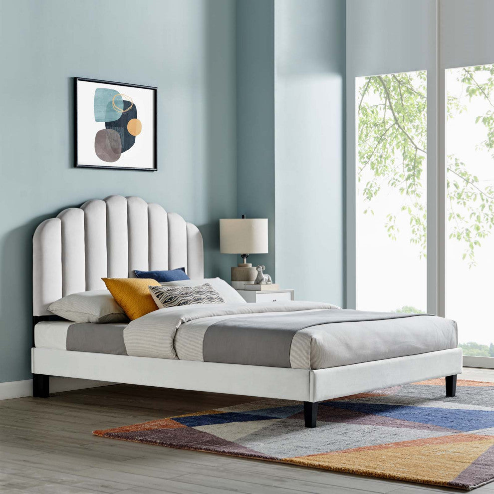 Daisy Performance Velvet Full Platform Bed, Light Gray