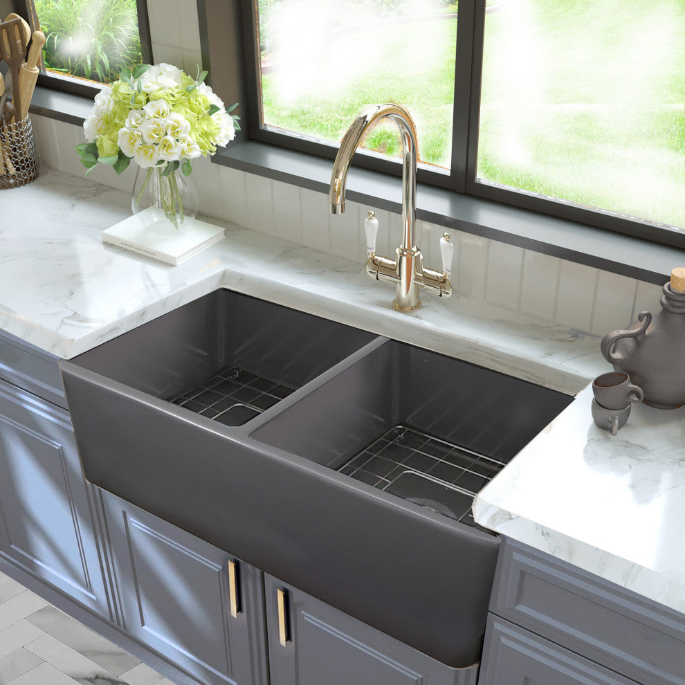 Nantucket Sinks 33'' Double Bowl Gray Fireclay Farmhouse Sink